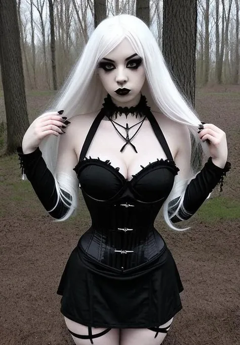 gothic, 1girl, solo, long hair, blonde hair, long sleeves, dress, white hair, nail polish, black dress, lips, makeup, watermark, lipstick, pale skin, realistic<lora:gothic_v1:1>