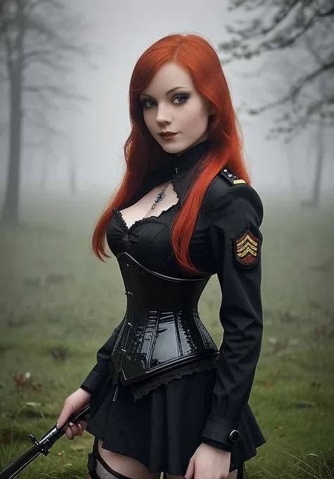 gothic, ginger, A young female gothic soldier, on a World War I battlefield, staring at the observer, ready to come out of the trench and launch an attack, battlefield in background, lot of soldiers, gothic girls army, medals and decorations, mist and fog, perfect light, realistic, masterpiece, photoshot, sharp eyes, portrait, perfect face, gorgerous face <lora:gothic_v1:1>
