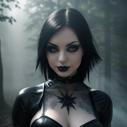 attractive gothic girl, aestetic body, medium tits, nipple piercings, gothic aesthetics, dark blue, fog, haze, shadows, lighting effects, mysterious appearance, high contrast, stone cave walls in the background, detailed face, ultra detail, hyperrealism,