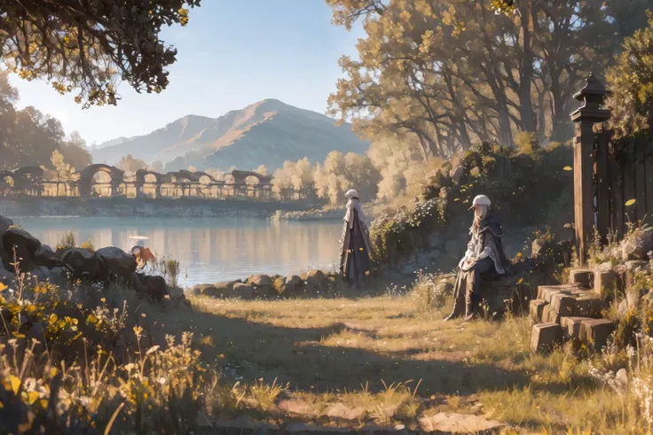 (masterpiece:1.2), best quality,game art,
outdoors, cloak, 2girls, long hair, multiple girls, tree, scenery, sitting, grass, standing, leaf, 1girl
 <lora:Maria_20230713095622-000016:0.8>