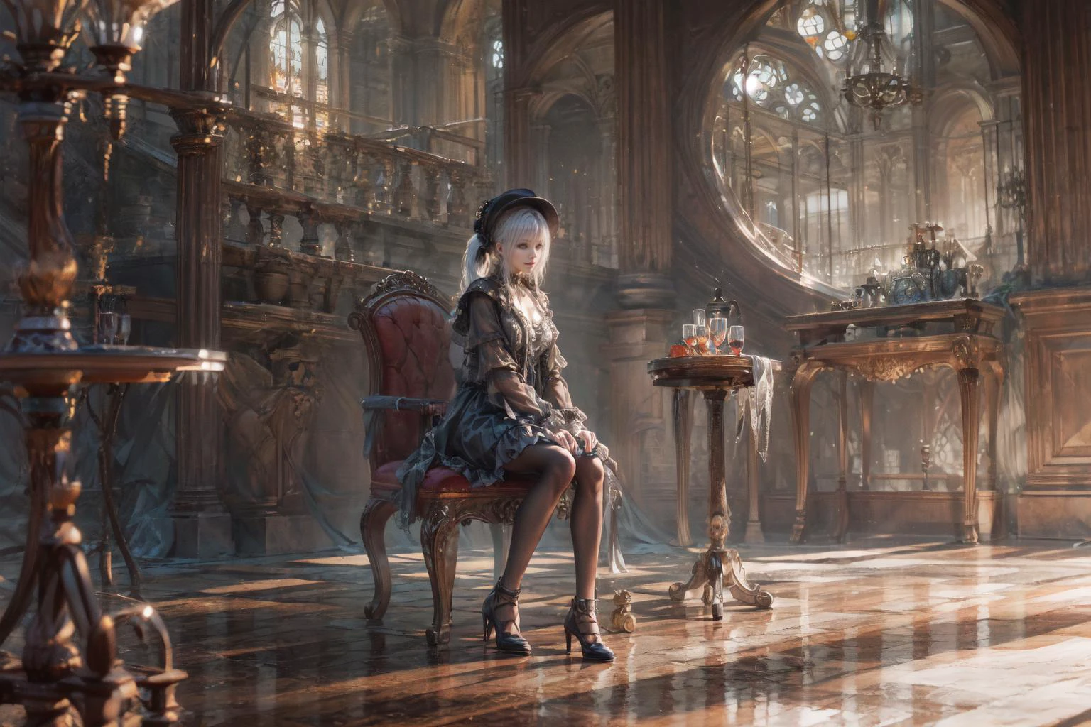 Ultra-realistic 8k CG,masterpiece,best quality,(photorealistic:1.4),HDR,absurdres,Professional,((EOS R8,50mm,F1.2)),RAW photo,lens flare,(film grain:1.1),Bokeh,((Depth of field)),raytracing,highres,1girl,white hair,high ponytail,hat,pale skin,looking at viewer,A white haired girl with long high ponytail,((wearing aristocratic hat and leather coat)),(mixed Victorian and Gothic style clothing:1.2),(arms behind back:1.1),leather coat,luxurious palace and furniture,black lace gloves,black pantyhose,(high heel leather boots:1.2),nsfw,nude,(intricate clothing decoration:1.2),sitting on antique chair,looking sideways,long gloves,lace choker necklace,sexy,intricate design leather coat with buckles,ruffled aristocratic blouse,layered Gothic skirt,surrounded by antique Palace furniture and decoration,stained glass windows,gothic wallpaper,victorian wall lamps,dark fairytale fantasy,solemn antique bronze color theme,Gothic ta style dress,nude,surrounded by antique furniture,candles,and chandeliers,medieval palace interior,dark bronze color scheme,mysterious and enchanting,one leg lifted,suggestive pose,<lora:add_detail:1.1>,<lora:v3FilmVelvia3:0.3>,Cinematic,(Film camera:1.1),ISO 200,<lora:Maria_20230713095622-000016:0.8>,<lora:Movie_style_filter :0.5>,