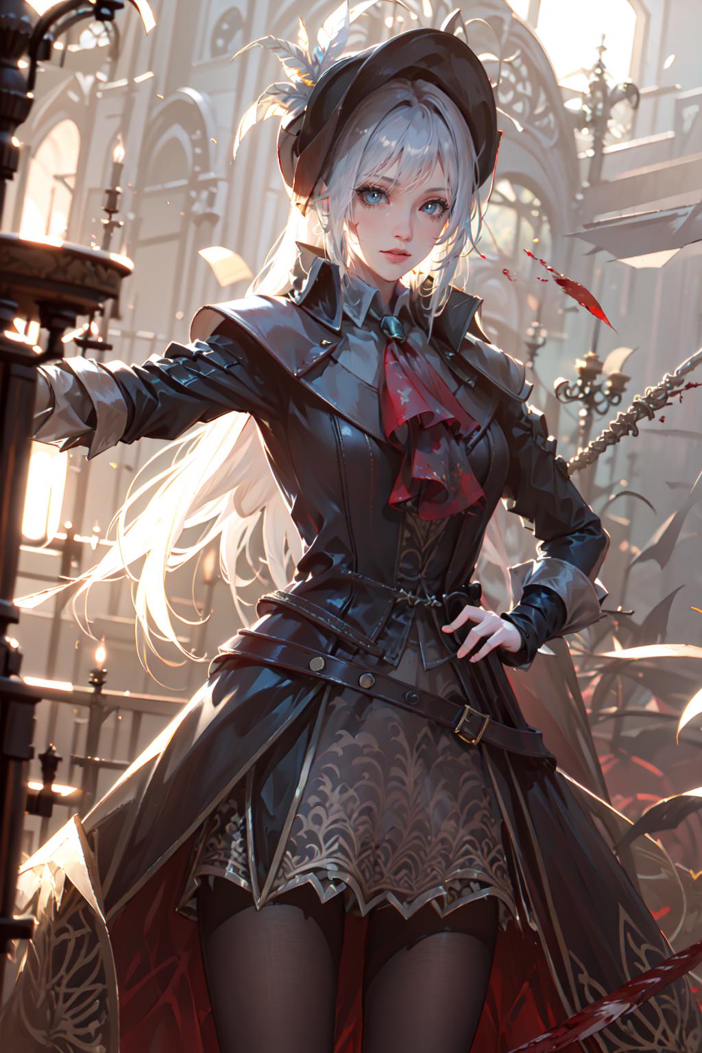 A woman in a black dress and a hat holding a sword - SeaArt AI