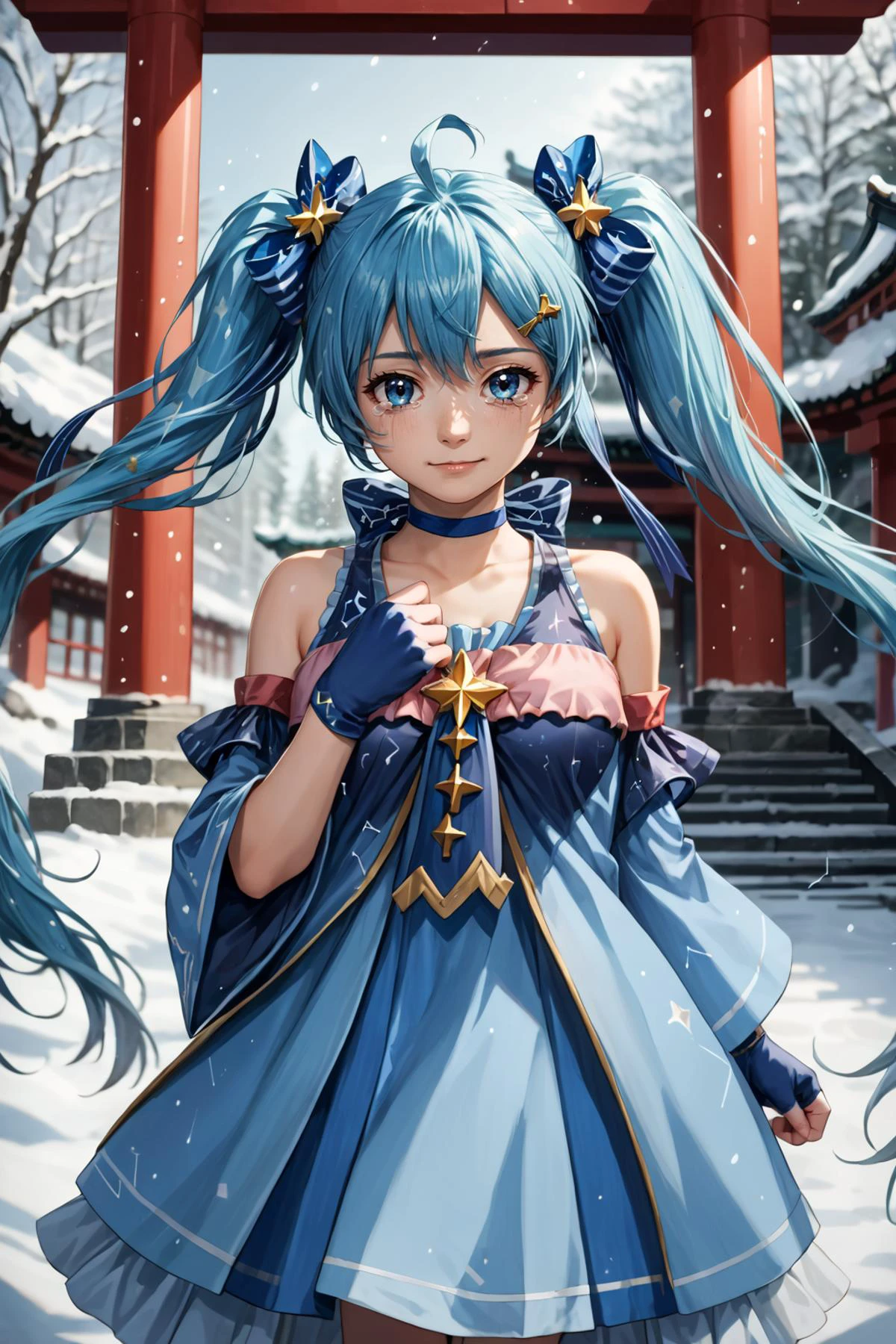 score_9, source_anime, score_7_up, 1girl, solo, <lora:vocaloid_yukimiku2017_ponyXL:.8> yukimiku2017, ahoge, twintails, hair ribbon, blue ribbon, striped ribbon, hair bow, star hair ornament, hairclip, blue dress, constellation print, detached sleeves, blue gloves, fingerless gloves, blue choker, bare shoulders, snow, stone stairs, under torii, multiple torii, shrine, windy, floating hair, detailed background, looking at viewer, somber smile, tears, hand on own chest, depth of field, fist, snowing