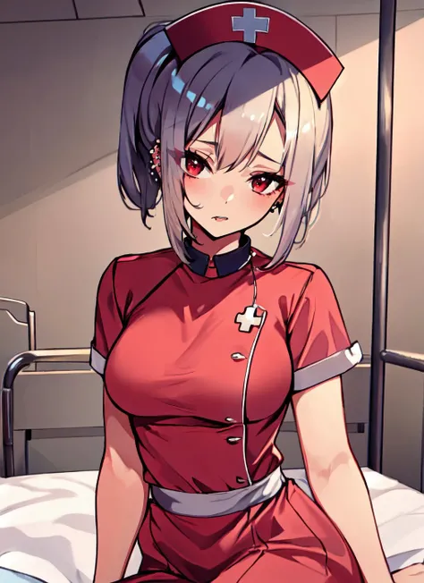 masterpiece, best quality, 1girl, fefe, short grey hair, red eyes, side ponytail, piercing, medium breasts,
nurse, infirmary, hospital bed,
<lora:fefe-000008:0.85>