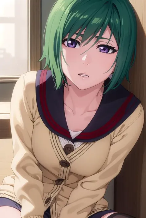 nozomikujo, <lyco:nozomikujo-lyco-nochekaiser:1>,
nozomi, short hair, green hair, (purple eyes:1.1),
BREAK nozomidefault, thighhighs, school uniform, black thighhighs, sailor collar, zettai ryouiki, cardigan,
BREAK looking at viewer, full body,
BREAK indoors, classroom,
BREAK <lyco:GoodHands-beta2:1>, (masterpiece:1.2), best quality, high resolution, unity 8k wallpaper, (illustration:0.8), (beautiful detailed eyes:1.6), extremely detailed face, perfect lighting, extremely detailed CG, (perfect hands, perfect anatomy),