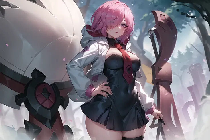 <lora:leagueOfLegends_v02:0.75>, league of legends, lol, splash art, ((masterpiece)), 1girl, <lora:mash_kyrielight:0.5>, (mash kyrielight, pink hair, purple eyes, hair over one eye, white hooded jacket, black collared dress, red necktie, wide hips),  in a forrest