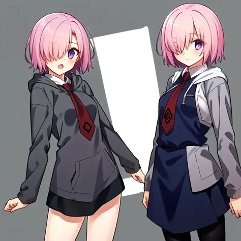 <lora:takeuchiTakashiFate_v1:0.6>, takeuchi takashi, ((masterpiece)), 1girl, (mash_kyrielight, pink hair, purple eyes, hair over one eye, collared dress, red necktie, (gray hoodie), hood down), <lora:mash_kyrielight:0.7>,