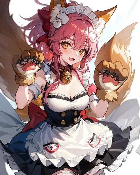 tamamocat, 1girl, cat hair ornament, solo, animal hands, breasts, maid headdress, open mouth, fox tail, paw gloves, gloves, large breasts, looking at viewer, maid apron, fox girl, blush, smile,white thighhighs,
<lora:TamamoCatFateV1-000008:1>