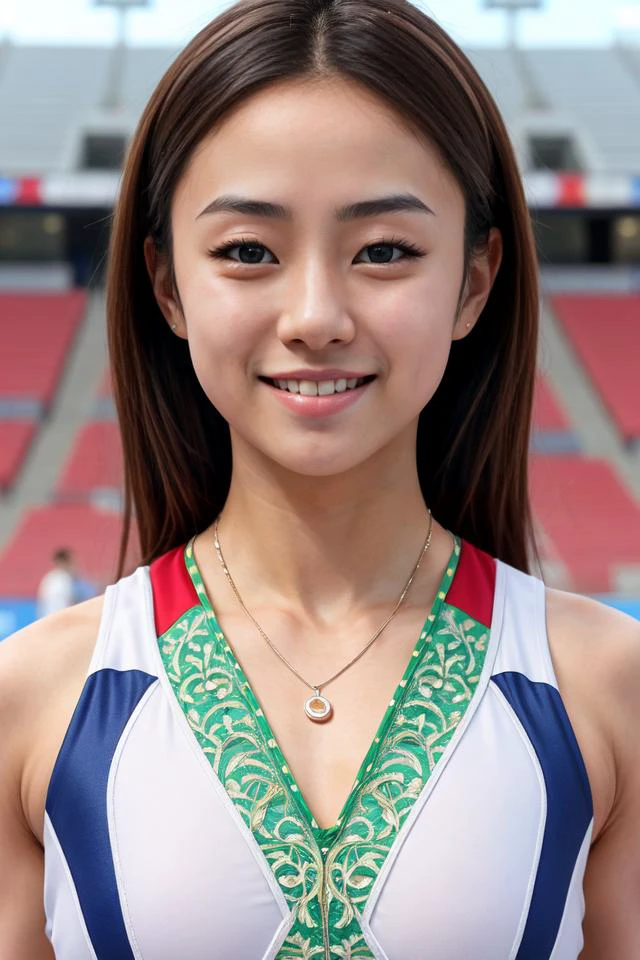 photo realistic, full color, (OverallDetail:1.1),  an exquisitely cute (Greek:1.1, Japanese:0.1) actress, athlete body, (clear eyes:1,1), (closed mouth, archaic smile):1.1, <lora:gymnast_outfit:0.5>, wearing gymnast_outfit, inside_stadium