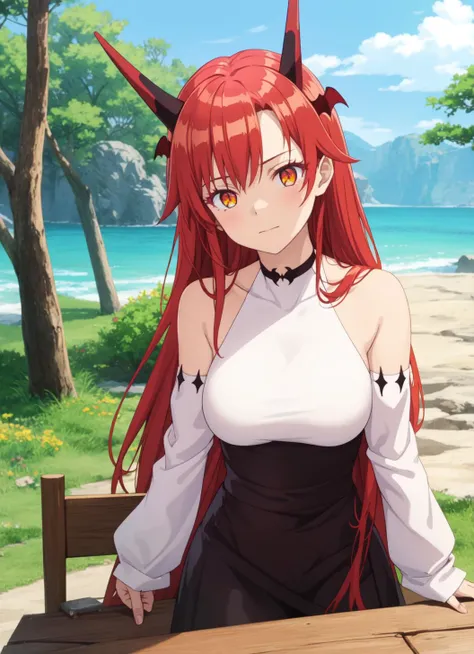 masterpiece, best quality, 1girl, solo, <lora:Kizuki - Beast Tamer - Tania:1>, tania, dragon girl, dragon horns, red hair, orange eyes, large breasts, long hair