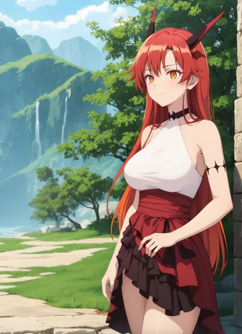masterpiece, best quality, 1girl, solo, <lora:Kizuki - Beast Tamer - Tania:1>, tania, dragon girl, dragon horns, red hair, orange eyes, large breasts, long hair