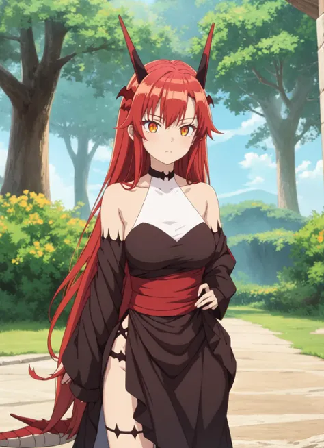 masterpiece, best quality, 1girl, solo, <lora:Kizuki - Beast Tamer - Tania:1>, tania, dragon girl, dragon horns, red hair, orange eyes, large breasts, long hair