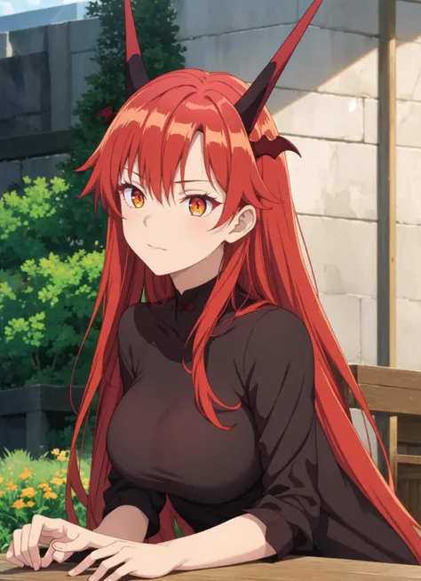 masterpiece, best quality, 1girl, solo, <lora:Kizuki - Beast Tamer - Tania:1>, tania, dragon girl, dragon horns, red hair, orange eyes, large breasts, long hair