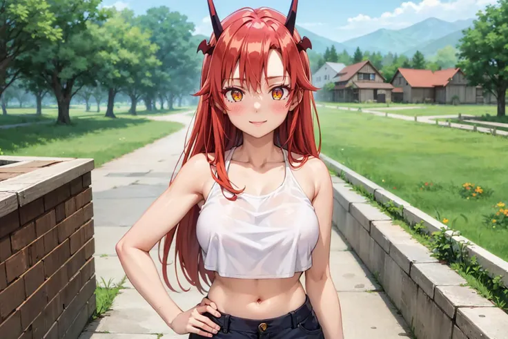 best quality, masterpiece, upper body, standing, solo focus,
1girl, tania, KizukiAi, dragon girl, dragon horns, red hair, orange eyes, large breasts, long hair, cargo shorts, crop top, looking at viewer, village, (blush:1.2), happy, (crowd:0.4), medieval,
<lora:Kizuki - Beast Tamer - Tania:0.85>