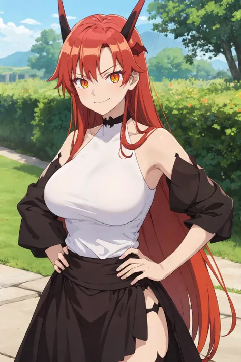 masterpiece, best quality, 1girl, solo, <lora:Kizuki - Beast Tamer - Tania:1>, tania, dragon girl, dragon horns, red hair, orange eyes, large breasts, long hair, smirk, hands on own hips