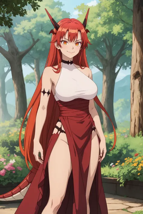 masterpiece, best quality, 1girl, solo, <lora:Kizuki - Beast Tamer - Tania:1>, tania, dragon girl, dragon horns, red hair, orange eyes, large breasts, long hair, smirk, forest