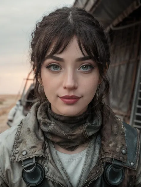 RAW Photo, professional color graded, BREAK portrait photograph of girl Natal13Mars, makeup, eyeliner, (wearing armor), ((mad max post apocalyptic background)), dusty, sharp focus, HDR, 8K resolution, intricate detail, sophisticated detail, depth of field, analogue RAW DSLR, photorealistic, looking at viewer, <lora:detailed_eye:0.8>, <lora:Natal13Mars:0.85>, <lora:quickfix:1>