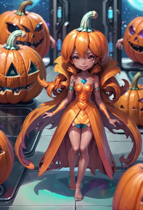 anime style, bokeh,1girl, (monster girl:1.5), (pumpkin elementalist:1.3), (at a  spaceport:1.3), scenery, (full body:1.4), matte copper hair, curly hair, long hair, [:colorful costume design:0.2], , korean<lora:EnvyCuteFairyXL01:1>