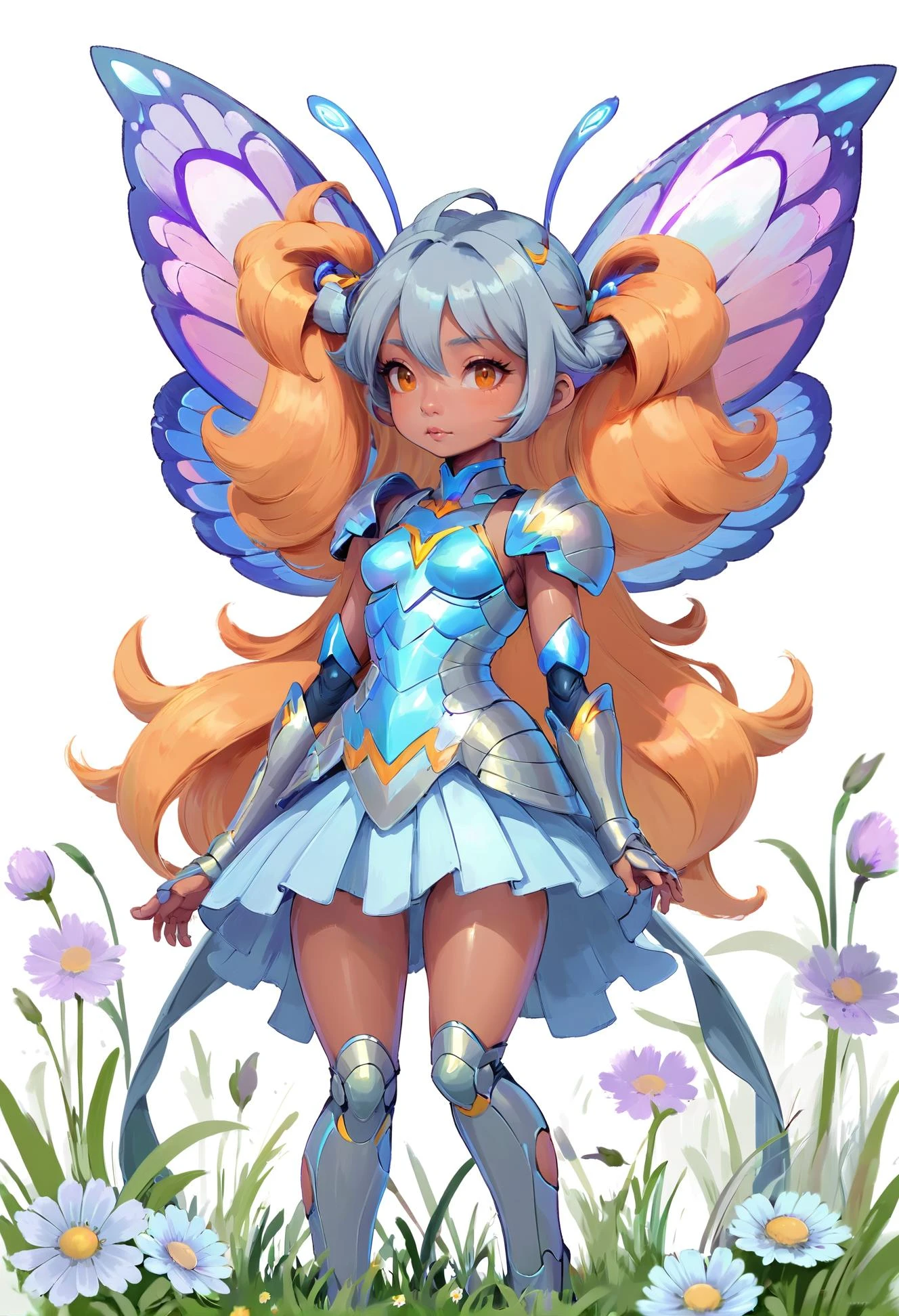 anime style, mountain warmage , armor, orange hair, hair ribbon,Rope Braid, v arms, in a celestial, bustling spring meadow, on dank Mars, bombshell hair, blue-grey hair, hair ribbon, flexing<lora:EnvyCuteFairyXL01:1>