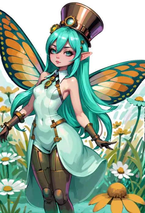 anime style, 1girl, (atompunk huntress waitress:1.3), (in a steampunk, dilapidated spring meadow:1.3), full body, iridescent aqua hair with aqua highlights, bombshell hime cut,Razor Cut, , pastel goldenrod eyes, pose, [:seductive costume design:0.2], , medium breasts, wide hips, narrow waist, slim perfect hourglass figure,, (nightgown:1.2), <lora:EnvyCuteFairyXL01:1>