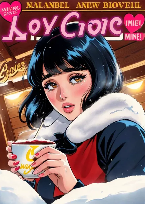 romance_comics_cover, comic book cover of crying Isabelle Adjani with bowl cut, kissing a man, The Ski Resort: Transport yourself to a snowy ski resort with skiers and snowboarders descending down pristine slopes Aprs-ski parties with fondue and mulled wine add to the festive atmosphere, dramatic lighting, dramatic perspective, <lora:romance_comics_cover:1>