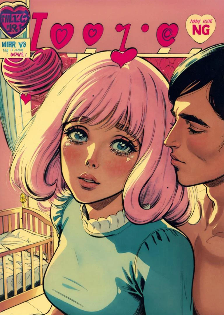 romance_comics_cover, comic book cover of crying Sissy Spacek with bangs, kissing a man, nursery, pastel-colored crib and wallpaper with cartoon characters define this '70s nursery a mobile with dangling plastic shapes hangs above the crib, dramatic lighting, dramatic perspective, <lora:romance_comics_cover:1>