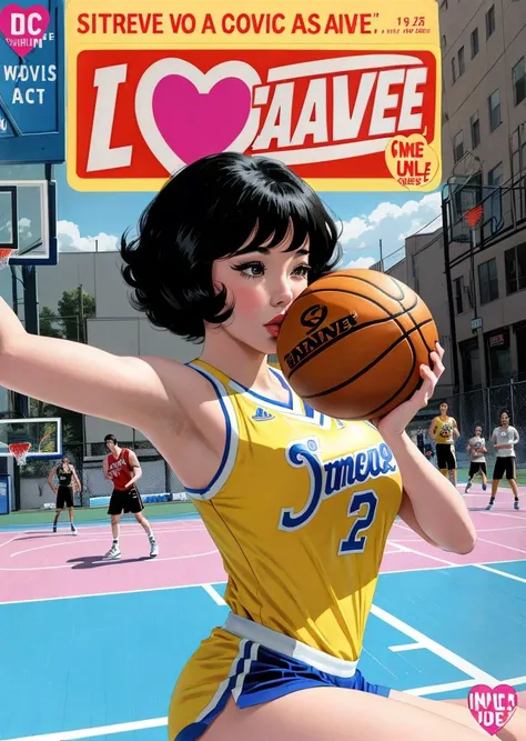 romance_comics_cover, comic book cover of Shirley MacLaine with curly bangs, kissing a man, The Basketball Court: Visualize an urban basketball court with a chain-link fence, graffiti-covered backboards, and a cacophony of sneakers squeaking on the pavement Streetball legends showcase their skills in intense one-on-one games, dramatic lighting, dramatic perspective, <lora:romance_comics_cover:1>