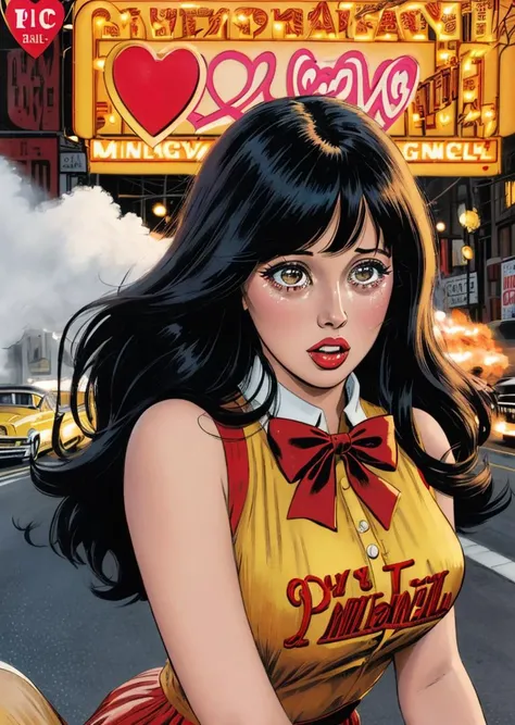 romance_comics_cover, comic book cover of (crying:1.1) Shelley Duvall with fringe, and red ribbon bow, The Drag Racing Strip: Imagine a straight stretch of asphalt on a hot summer night, with roaring engines and the smell of burning rubber Muscle cars and dragsters line up for heart-pounding races down the quarter-mile strip, dramatic lighting, dramatic perspective, <lora:romance_comics_cover:1>