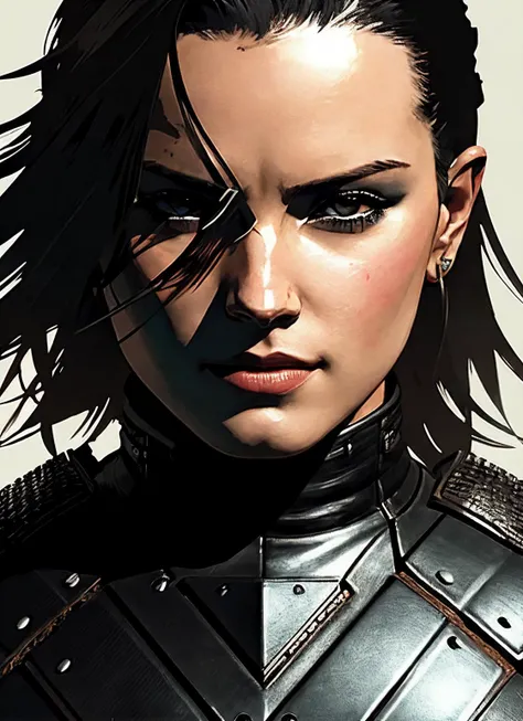 illustration of sks woman as thief in leather armor, smirk, beautiful detailed eyes, cinematic, drawn by Greg Rutkowski, Yoji Shinkawa:0.6, vibrant colors, <lora:locon_daisy_v1_from_v1_64_32:1.3>