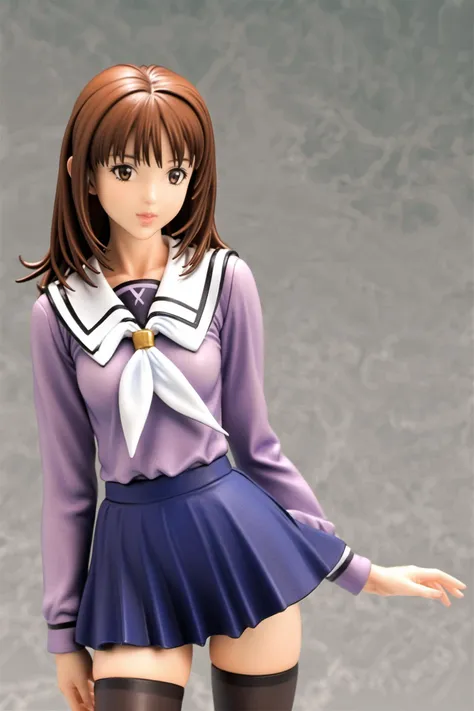 Yoshizuki iori, 1girl, solo, brown hair, brown eyes, zettai ryouiki, lips, school uniform purple shirt blue skirt white neckerchief black thighhighs, simple background, white background, <lora:Katsura Masakazu_XL:0.8>,<lora:xl_pvc1.7-000004:1>