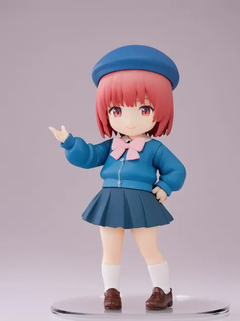 <lora:xl_figure style(kohaku_Delta)6:1>,figure style,photorealistic,photo \(medium\),1girl, solo, chibi, smile, skirt, hat, white background, bow, simple background, jacket, short hair, looking at viewer, long sleeves, white legwear, shoes, brown footwear, standing, hand on hip, bangs, blue headwear, full body, red eyes, pink eyes, pink bow, red hair, blue jacket, beret, bowtie, pink hair, closed mouth, socks, shirt, masterpiece,best quality,