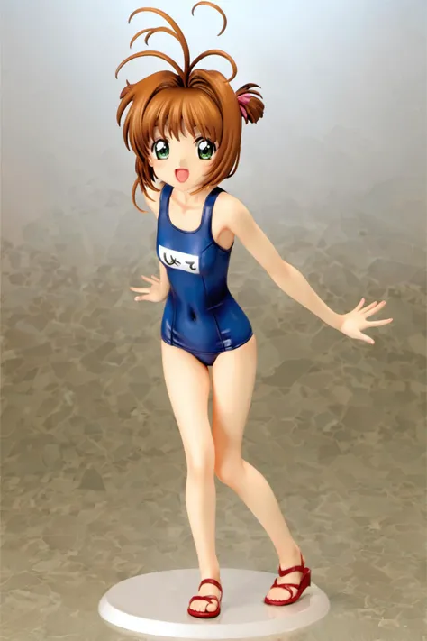 1girl, solo, swimsuit, one-piece swimsuit, brown hair, kinomoto sakura, school swimsuit, green eyes,gradient background, gradient, short hair, open mouth, smile, antenna hair, blue one-piece swimsuit, looking at viewer, standing, :d,<lora:Card Captor Sakura Anime_XL:0.8>,<lora:xl_pvc1.7-000004:1>