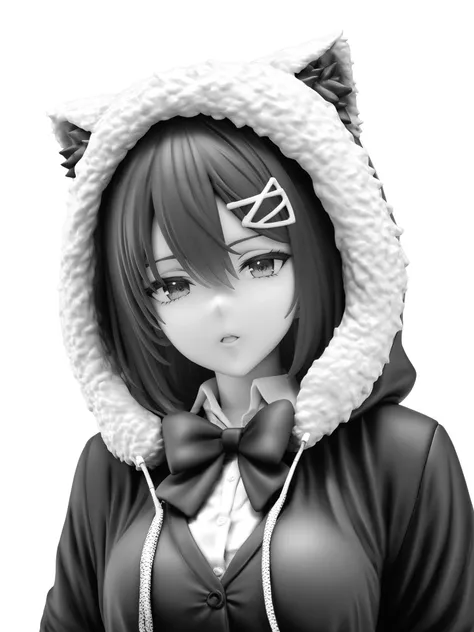 <lora:xl_figure style(kohaku_Delta)4-000005:1>,figure style,photorealistic,photo,1girl, solo, hair ornament, hood, hairclip, bow, shirt, looking at viewer, white background, fur trim, eyebrows visible through hair, spot color, simple background, monochrome, collared shirt, hood up, bangs, short hair, bowtie, jacket, greyscale, upper body, fur-trimmed hood, shaded face, hair between eyes, open mouth, parted lips, dress shirt, hooded jacket, masterpiece,best quality,