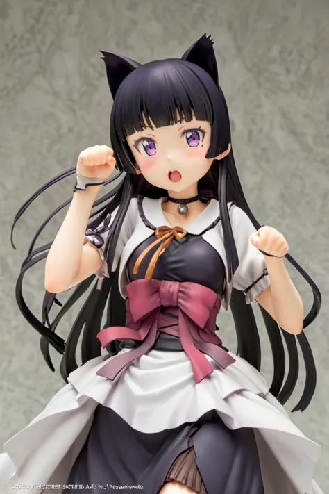 1girl, gokou ruri, animal ears, long hair, solo, mole under eye, black hair, cat ears, paw pose, mole, purple eyes, dress, blush, black dress, hime cut, open mouth,<lora:Kanzaki Hiro_XL:0.8>,<lora:xl_pvc1.7-000004:1>