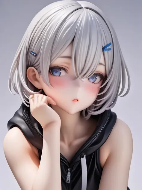 <lora:xl_figure style(kohaku_Delta)4-000005:1>,figure style,photorealistic,photo,1girl,solo,hair ornament,blue eyes,blush,hairclip,hood,white background,simple background,sleeveless,collarbone,bare shoulders,hair between eyes,upper body,parted lips,bangs,hoodie,hood down,looking at viewer,sleeveless hoodie,white hair,hand up,bare arms,silver hair,short hair,eyebrows visible through hair,white hoodie,looking away,sleeveless jacket,, masterpiece,best quality,