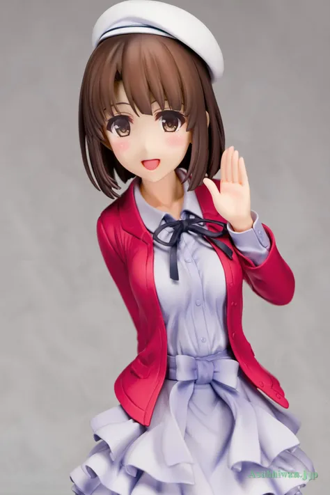 katou megumi, 1girl, solo, bangs, brown hair, hat, white headwear, dress, white background, looking at viewer, simple background, brown eyes, open mouth, short hair, ribbon, jacket, red jacket, black ribbon, blush, open clothes, smile, beret, salute, open jacket, arm behind back, collarbone, neck ribbon, long sleeves, :d, upper body, <lora:Misaki Kurehito_XL:0.8>, <lora:xl_pvc1.7-000004:1>