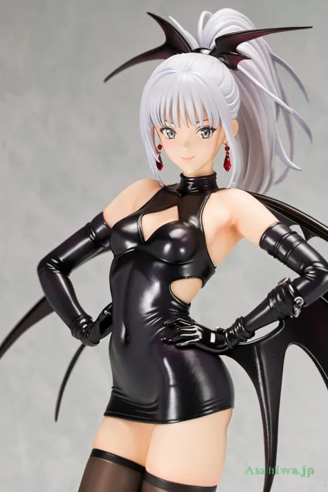 1girl, solo, wings, jewelry, gloves, dress, thighhighs, earrings, elbow gloves, black dress, short dress, hand on hip, clothing cutout, cleavage cutout, black thighhighs, bare shoulders, breasts, black gloves, smile, looking at viewer, shiny clothes, sleeveless, sleeveless dress, turtleneck, cowboy shot, bangs, bat wings, zettai ryouiki, shiny, ponytail, closed mouth, grey eyes, standing, contrapposto, white hair, hair ornament, small breasts, simple background, white background, <lora:Katsura Masakazu_XL:0.8>,<lora:xl_pvc1.7-000004:1>