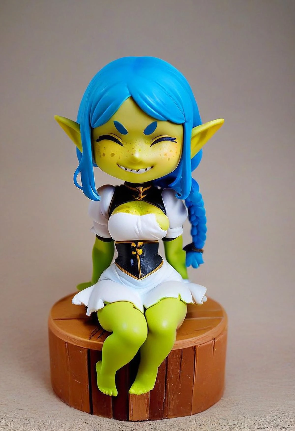 Score_9_up, score_7_up, score_8_up, shortstack goblin girl, green skin, narrow waist, pointy ears, very large breasts, large thighs and ass, blue hair, ((trimmed sides of head, long thick braid,)) black waist corset, speckled and splotchy skin, freckles, chibi body, chibi arms, chibi legs, wearing a torn white dress, (( sitting on a wooden fence,)) dirt road, big bright smile, shark teeth, thick eyelashes, thick eyebrows, eyes closed smiling, <lora:Anime_Figure_P1:1>,figure, figure style,photorealistic,photo \(medium\), strong depth of field effect,
