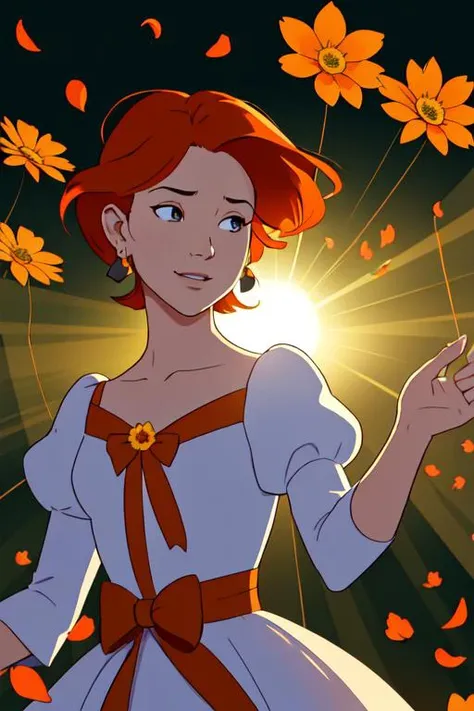 absurdres,wallpaper,official_art,dappled sunlight,1girl,sunlight,black bow,floating hair,orange hair,solo,puffy sleeves,black flower,short hair,gradient background,falling petals,bow,flower earrings,petals, happy,
 <lora:CartoonCraftLora_V1:1>