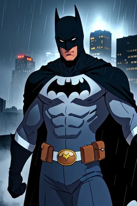 comic book style, batman, 1boy, dark scene, cowboy shot of batman, athletic, white eyes, no pupils, night city, mist, particles, male focus, mask, muscular, muscular male, ragged and torn cape, night, outdoors, rain, serious, dark armosphere, detailed background <lora:more_details:0.3>,
<lora:CartoonCraftLora_V1:1>