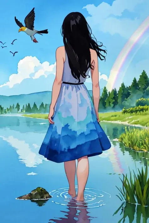 masterpiece, best quality, absurdres, illustration, watercolor, 1girl, solo, long hair, black hair, dress, skirt hold, wading, sleeveless, barefoot, bare shoulders, standing, from behind, outdoors, cloud, sky, bird, water, rainbow,
<lora:CartoonCraftLora_V1:1>