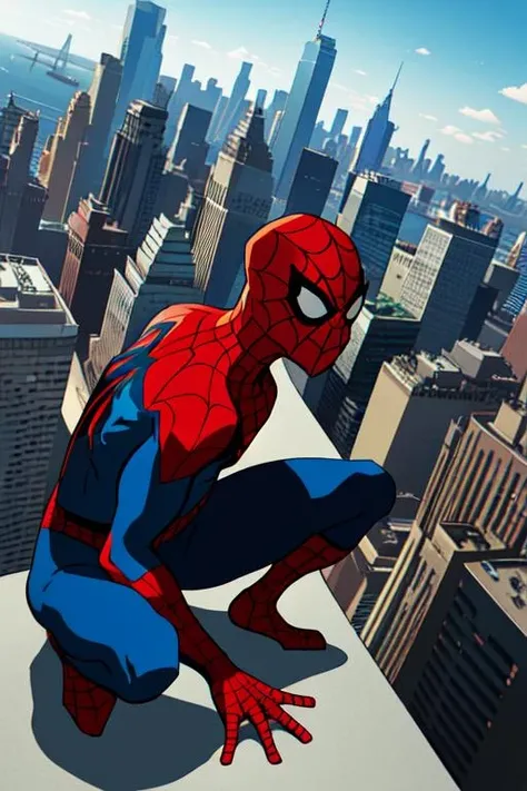 comic book style, flat colors, Spiderman, man, (crouching down, spider-man pose, back to camera), facing away, male toned body, perched on top of a high metal construction site, spiderman mask, overlooking manhattan, buildings, somber moment, skyscrapers, looking down, detailed background, day time, (wide shot), foreshortened perspective, 3-point perspective, dutch angle,
<lora:CartoonCraftLora_V1:1>