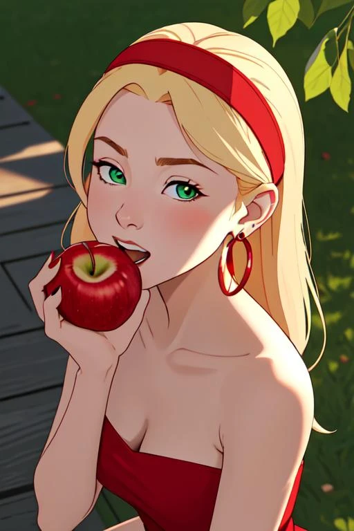 detailed_background,outdoors,shirt,portrait,earrings,hairband,solo,blush,1girl,blonde_hair,nail_polish,fruit,teeth,looking_at_viewer,holding_fruit,green_eyes,holding,ahoge,red_shirt,strapless_shirt,food,long_hair,hair_behind_ear,jewelry,from_above,on_side,hair_between_eyes,lying,upper_teeth_only,:o,holding_food,hoop_earrings,red_apple,collarbone,red_hairband,bare_shoulders,green_nails,ma_yoyo,strapless,apple,open_mouth,,
<lora:CartoonCraftLora_V1:1>