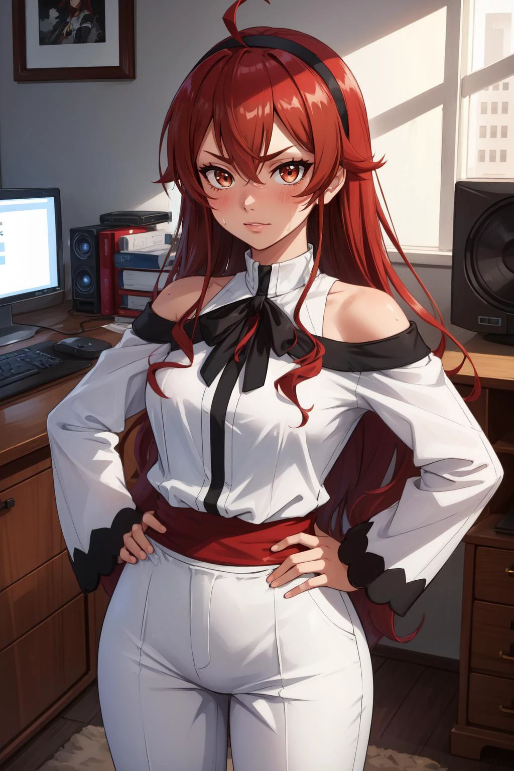 (masterpiece, best quality), intricate details,
1girl, <lora:eris_greyrat-10:0.8> eris_greyrat, long hair, ahoge, hair between eyes, very long hair, hairband, black hairband, bare shoulders, shirt, long sleeves, thick eyebrows, white shirt, crossed bangs, pants
sweating, boob sweat, indoors, bedroom, desk, computer, monitor, keyboard, gaming, hands on hips, smug, rgb,