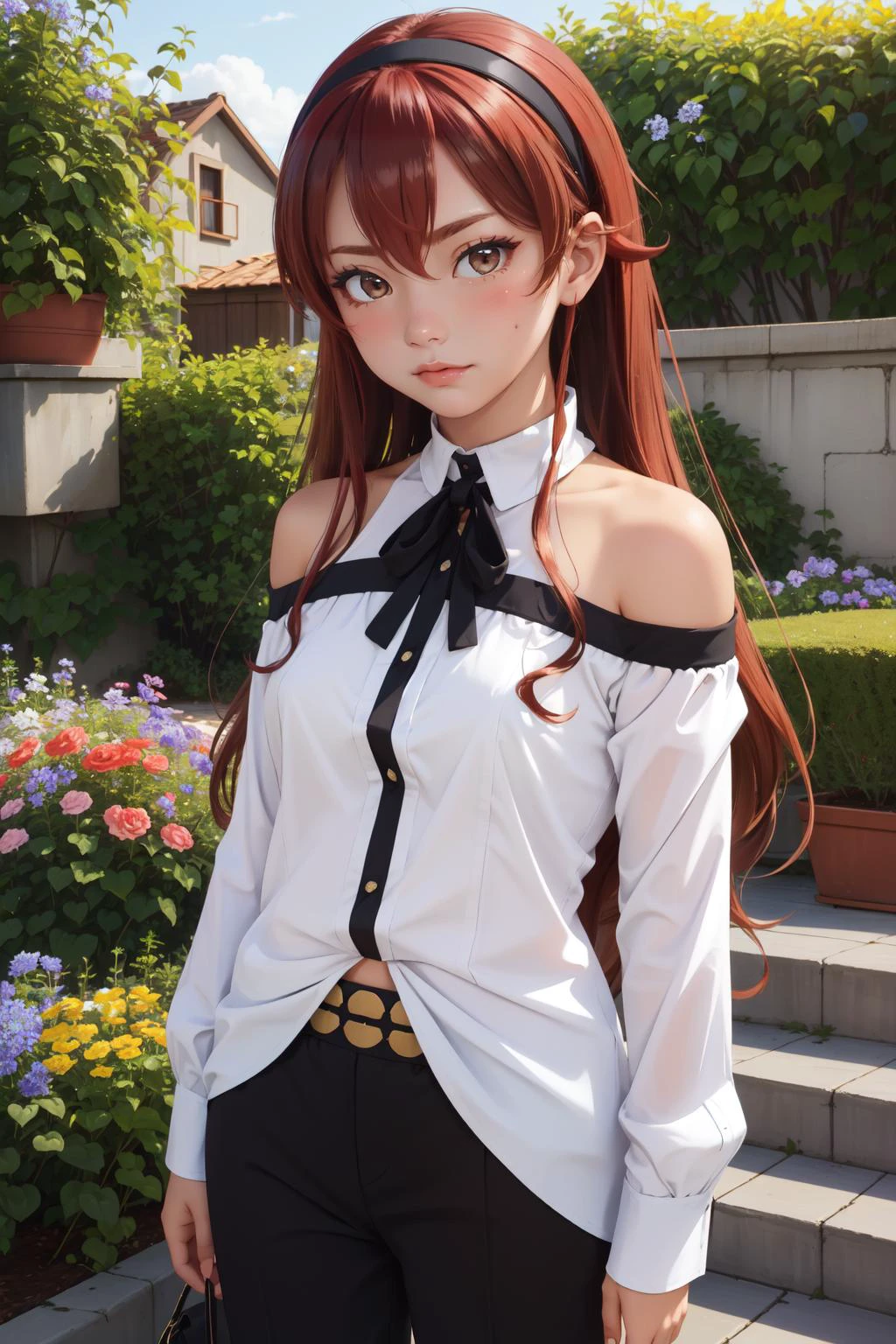 (masterpiece, best quality), intricate details,
1girl, <lora:eris_greyrat-10:0.8> eris_greyrat, long hair, ahoge, hair between eyes, very long hair, hairband, black hairband, bare shoulders, shirt, long sleeves, thick eyebrows, white shirt, crossed bangs, pants
sweating, boob sweat, outdoors, garden, flowers,