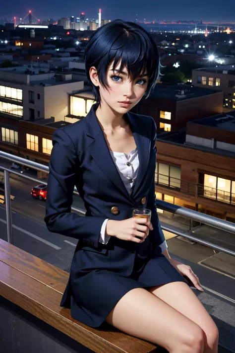 ((masterpiece, best quality))
<lora:Persona4NaotoShirogane:0.8>
Persona4NaotoShirogane, 1girl, solo, short hair, blue hair, blue eyes, Overlooking the city from a rooftop bar at night, chic outfit, sitting