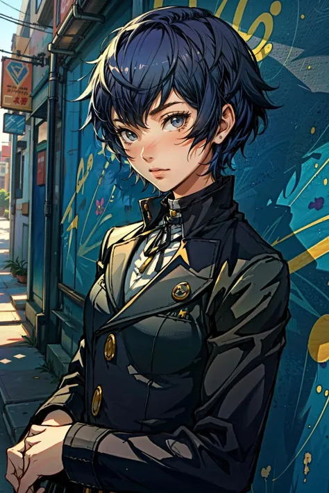 (masterpiece, best quality:1.3) 
<lora:epi_noiseoffset2:1> <lora:add_detail:0.7> <lora:Persona4NaotoShirogane:0.8>
Persona4NaotoShirogane, 1girl, solo, short hair,  urban art district, afternoon, vibrant and creative with colorful murals and natural light
