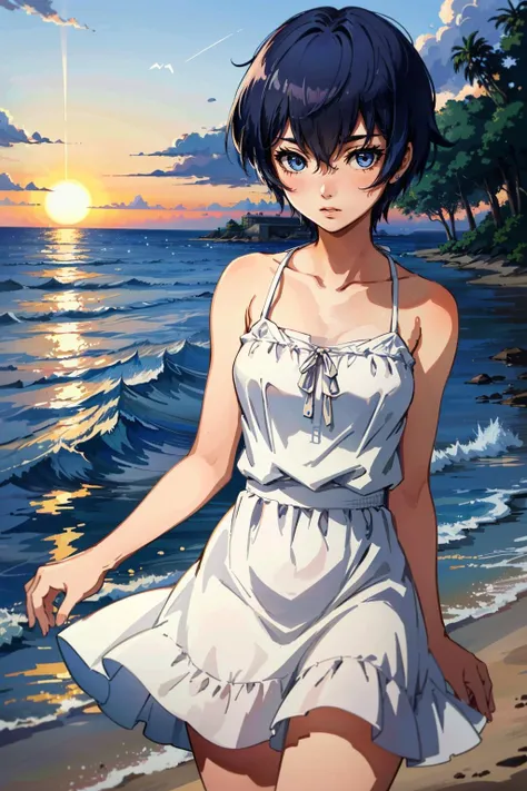 ((masterpiece, best quality))
<lora:Persona4NaotoShirogane:0.8>
Persona4NaotoShirogane, 1girl, solo, short hair, blue hair, blue eyes, On a beach during a vibrant sunset, sundress, playing with the waves