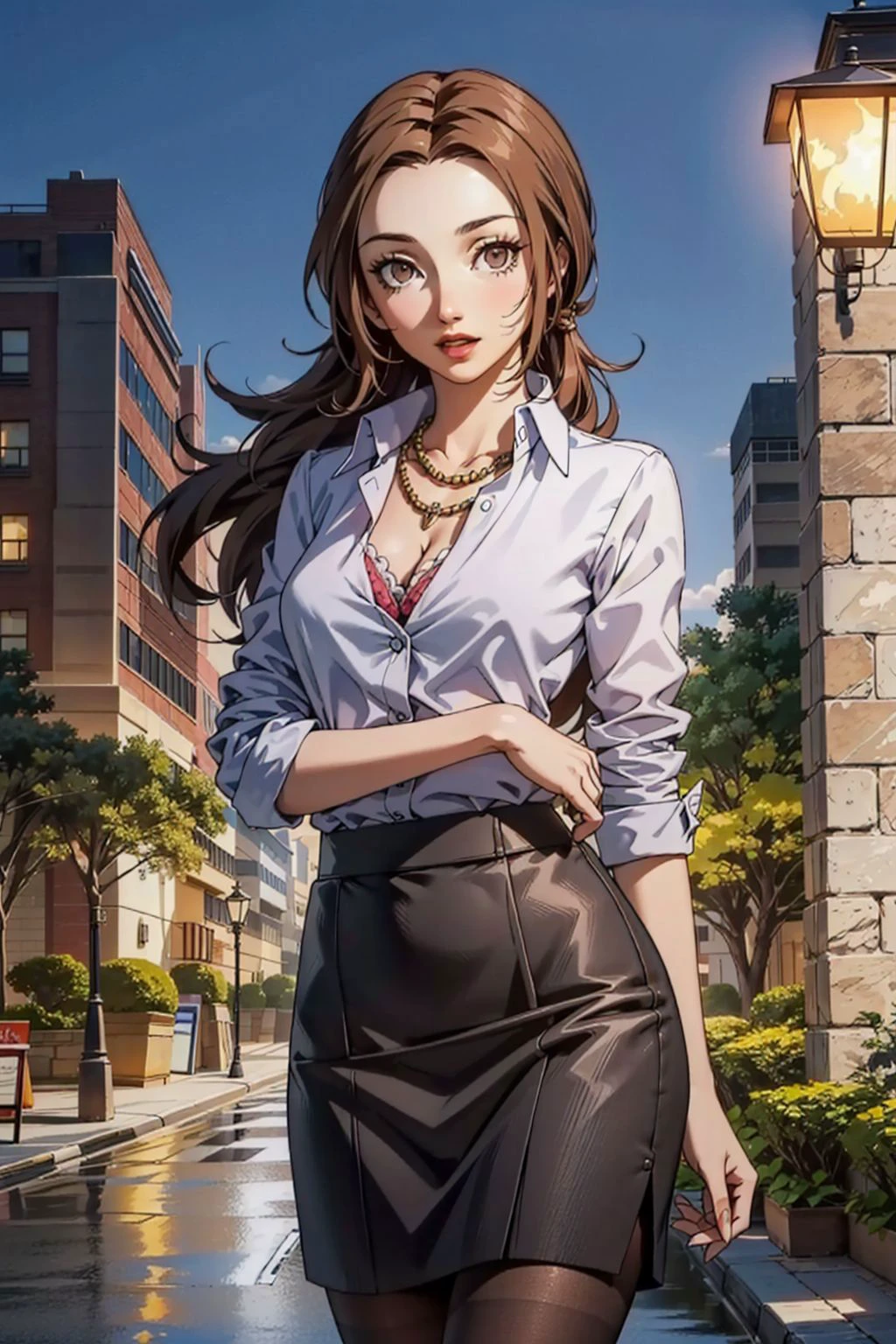 1girl, (nkp4:1.2), shirt, skirt, pencil skirt, pantyhose, necklace, bra, <lora:detail_slider_v4:1.25>, Masterpiece, best quality, detailed background, intricate details, detailed, <lora:norikokashiwagi-p4-guy907:0.95>