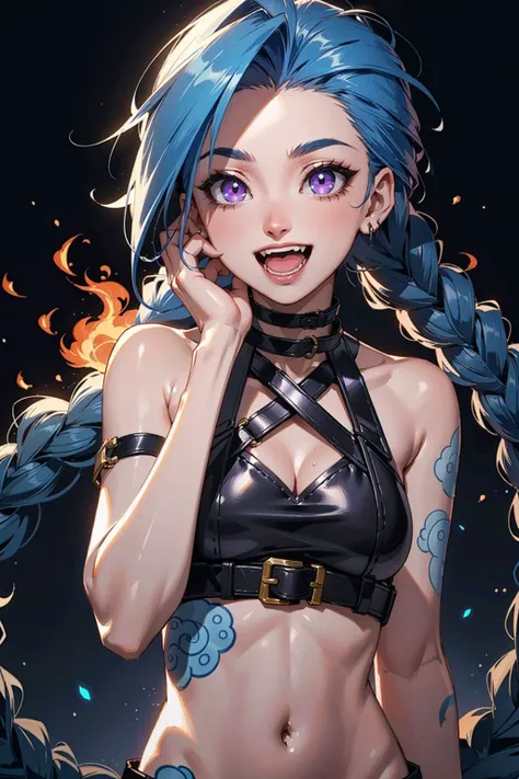 1girl, (jinxlol:1.3), blue hair, purple eyes, braids, tattoo, upper body shot, wide-eyed, (crazy eyes:1.3), (laughing:1.2), navel, closeup, fire, dark background, Masterpiece, best quality, detailed background, intricate details, detailed, <lora:detail_slider_v4:1.25> <lora:jinxLeagueOfLegends_v10:0.7>